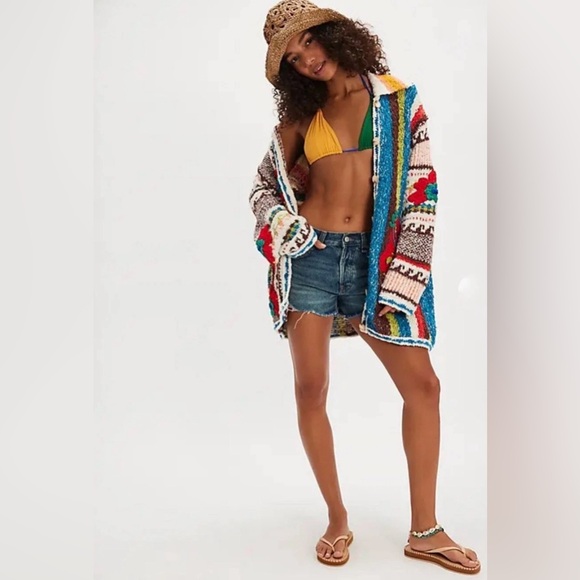 Free People Terry Towel Cardigan Chunky Floral Applique Buttons Oversized - Picture 3 of 7